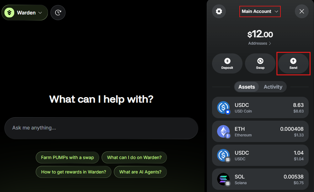 Send an asset in Warden